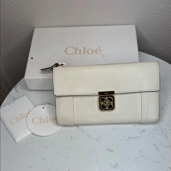 Chloe Marble White Long Leather Wallet Clutch with Twist Lock Hardware - Picture 1 of 12